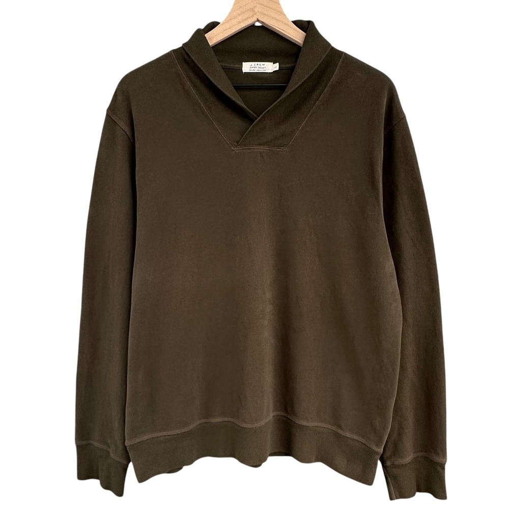 J.Crew Mens Sueded Jersey Cotton Shawl Collar Sweatshirt Brown Olive Green Large